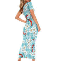 Turquoise Palaka Hawaii Aloha Family Matching Short Sleeve Bodycon Dress and Hawaiian Shirt Koi Pond Mix Plumeria - Polynesian Pride