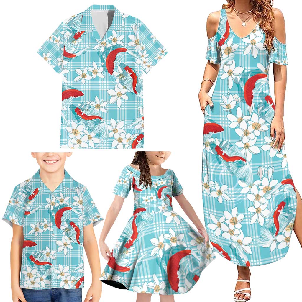 Turquoise Palaka Hawaii Aloha Family Matching Summer Maxi Dress and Hawaiian Shirt Koi Pond Mix Plumeria - Polynesian Pride