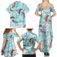 Turquoise Palaka Hawaii Aloha Family Matching Summer Maxi Dress and Hawaiian Shirt Koi Pond Mix Plumeria - Polynesian Pride