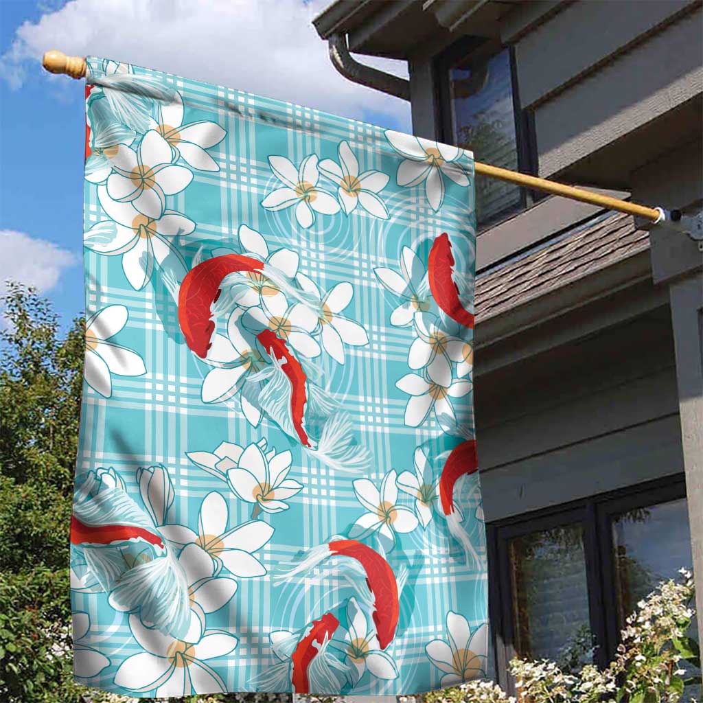 Turquoise Palaka Hawaii Aloha Garden Flag Koi Pond Mix Plumeria - Polynesian Pride
