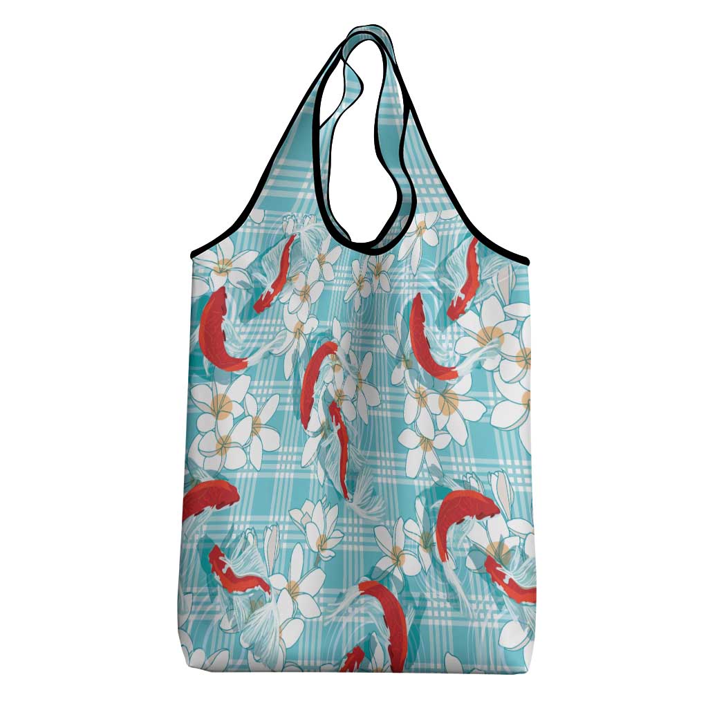 Turquoise Palaka Hawaii Aloha Grocery Bag Koi Pond Mix Plumeria - Polynesian Pride