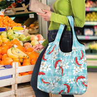 Turquoise Palaka Hawaii Aloha Grocery Bag Koi Pond Mix Plumeria - Polynesian Pride