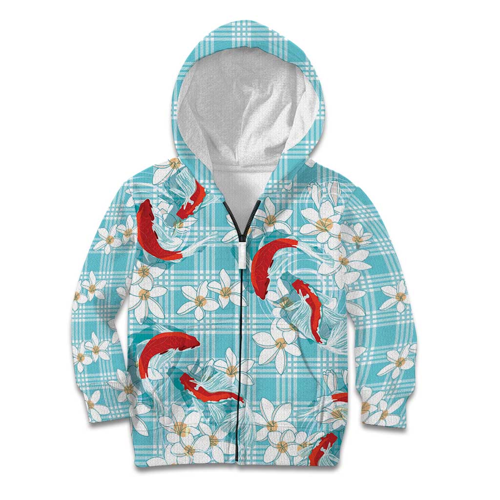 Turquoise Palaka Hawaii Aloha Kid Hoodie Koi Pond Mix Plumeria - Polynesian Pride