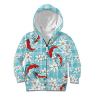 Turquoise Palaka Hawaii Aloha Kid Hoodie Koi Pond Mix Plumeria - Polynesian Pride