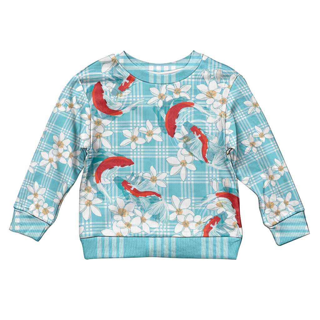 Turquoise Palaka Hawaii Aloha Kid Ugly Christmas Sweater Koi Pond Mix Plumeria - Polynesian Pride