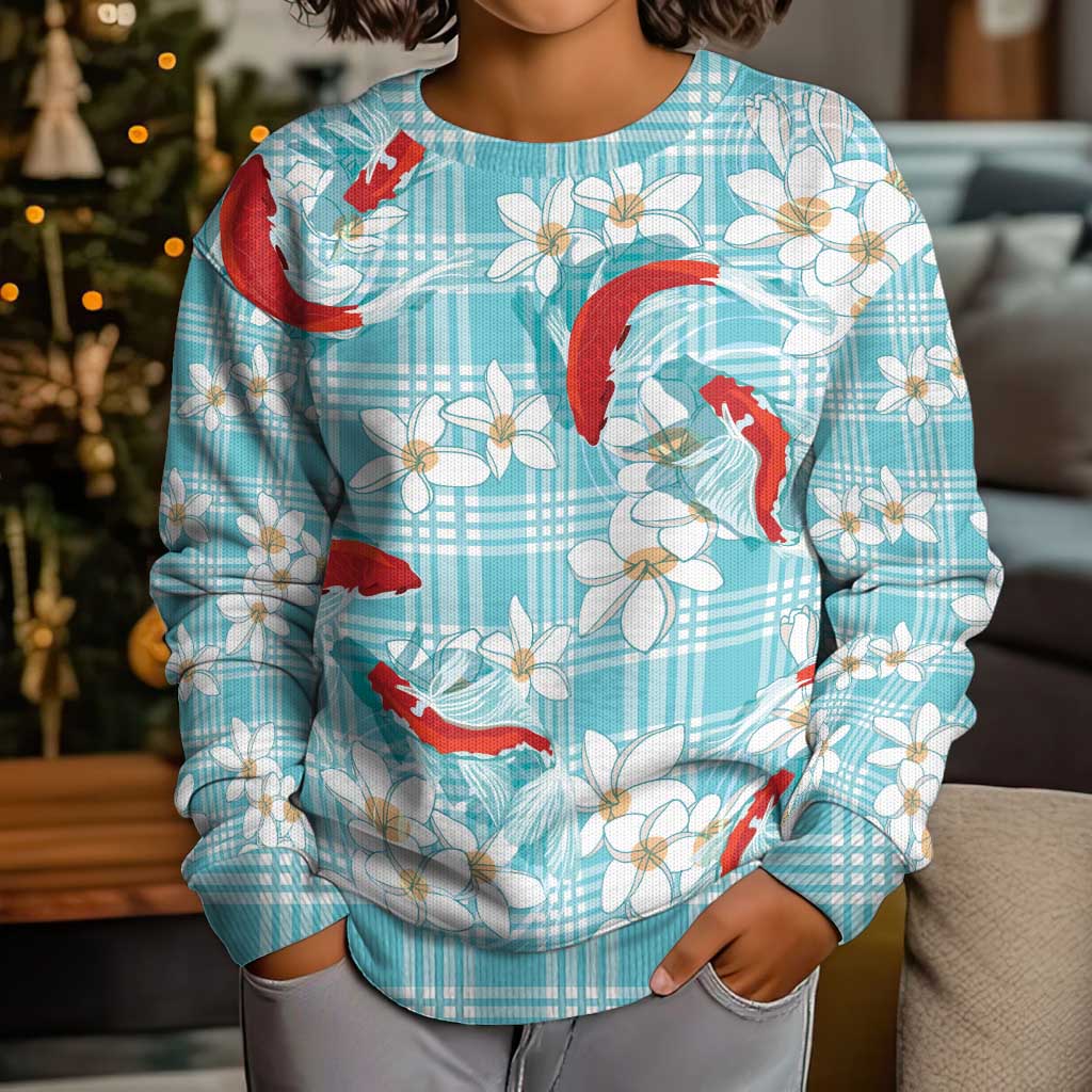 Turquoise Palaka Hawaii Aloha Kid Ugly Christmas Sweater Koi Pond Mix Plumeria - Polynesian Pride