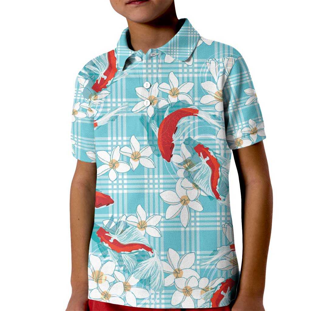 Turquoise Palaka Hawaii Aloha Kid Polo Shirt Koi Pond Mix Plumeria - Polynesian Pride