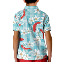 Turquoise Palaka Hawaii Aloha Kid Polo Shirt Koi Pond Mix Plumeria - Polynesian Pride