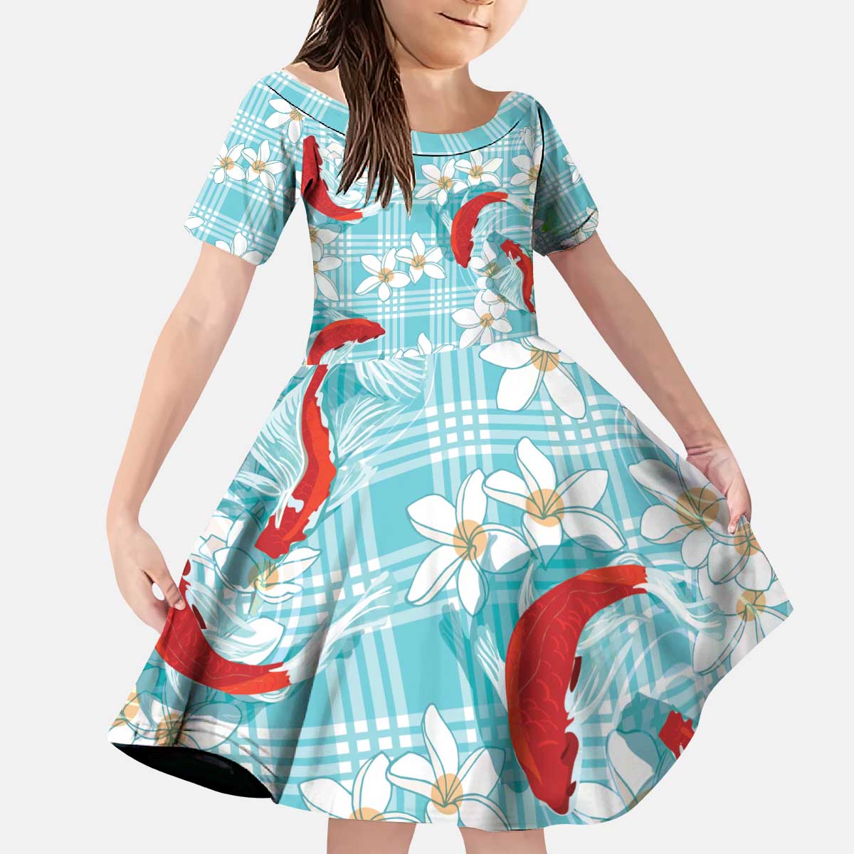 Turquoise Palaka Hawaii Aloha Kid Short Sleeve Dress Koi Pond Mix Plumeria - Polynesian Pride