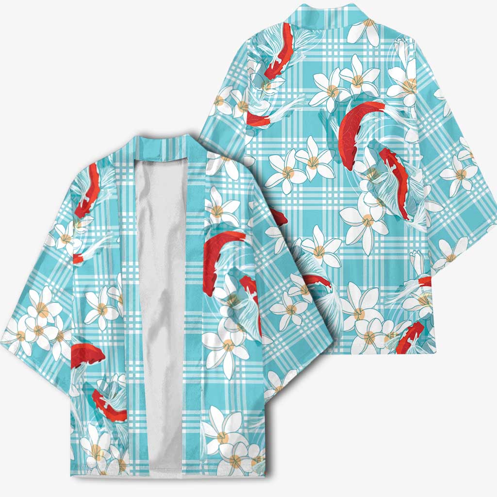 Turquoise Palaka Hawaii Aloha Kimono Koi Pond Mix Plumeria - Polynesian Pride