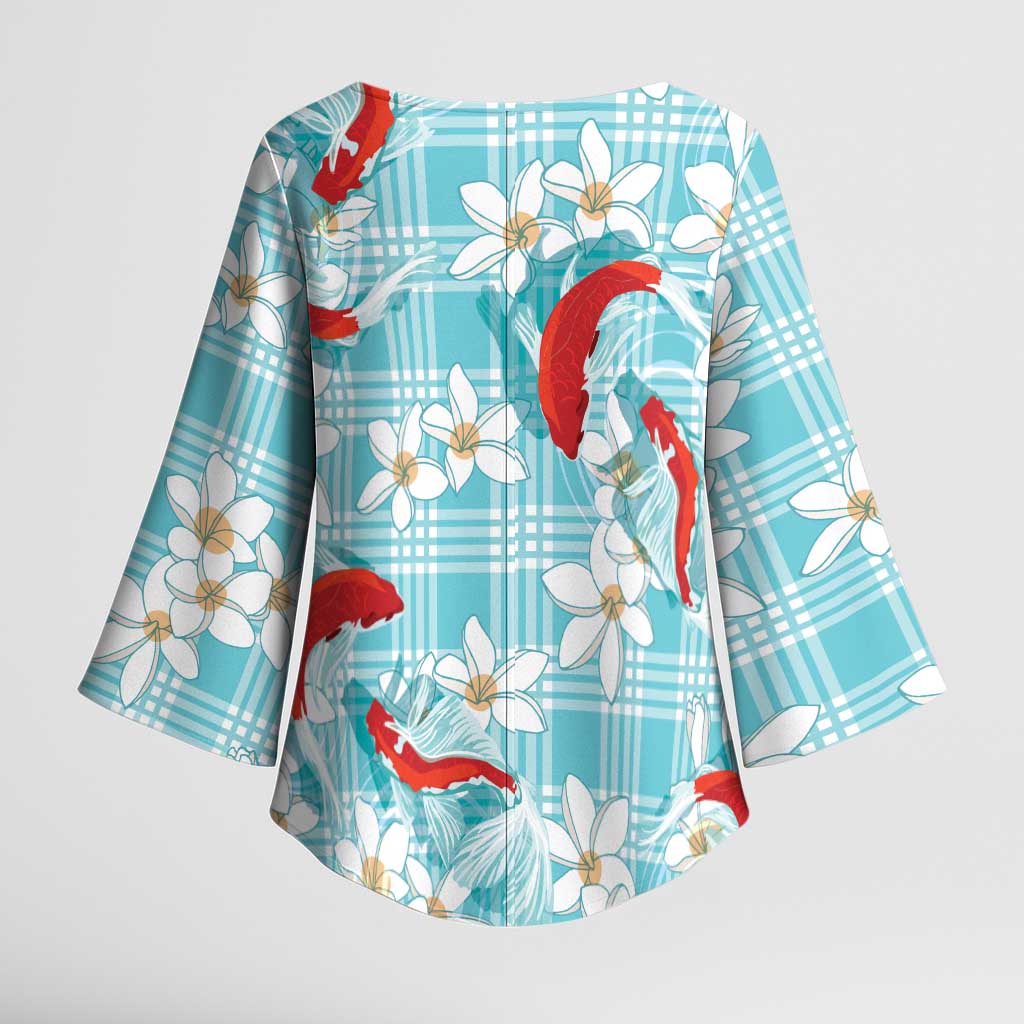 Turquoise Palaka Hawaii Aloha Kimono Sleeve Blouse Koi Pond Mix Plumeria - Polynesian Pride