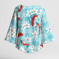 Turquoise Palaka Hawaii Aloha Kimono Sleeve Blouse Koi Pond Mix Plumeria - Polynesian Pride