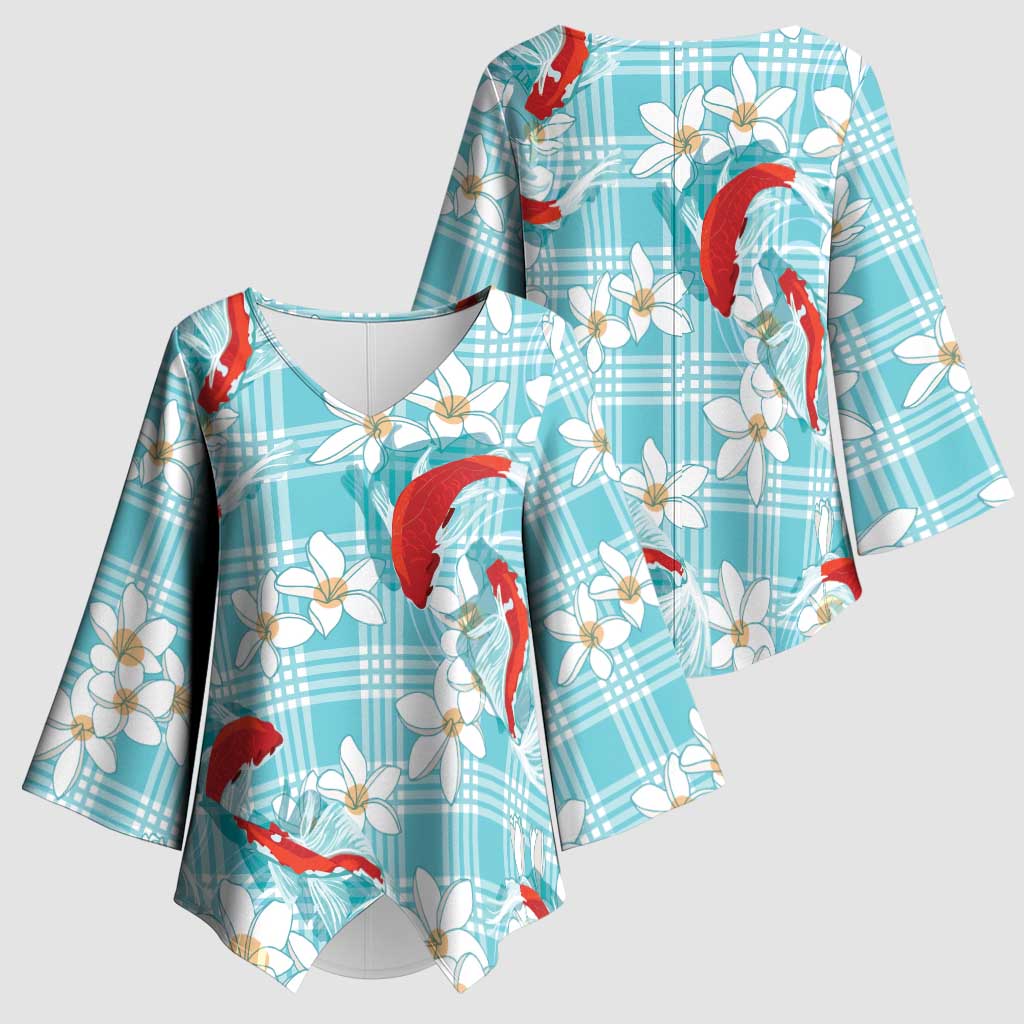 Turquoise Palaka Hawaii Aloha Kimono Sleeve Blouse Koi Pond Mix Plumeria - Polynesian Pride
