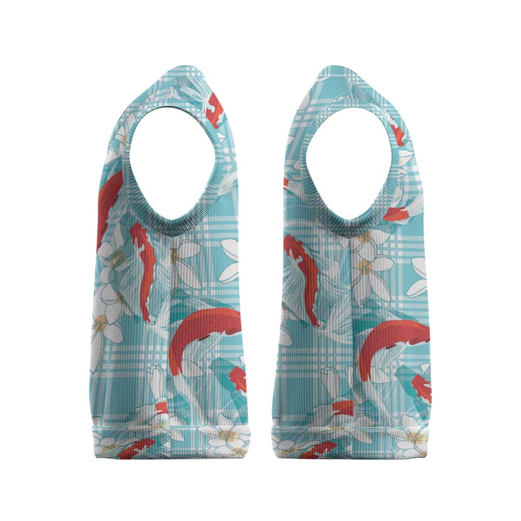 Turquoise Palaka Hawaii Aloha Christmas Knitted V-Neck Vest Koi Pond Mix Plumeria - Polynesian Pride