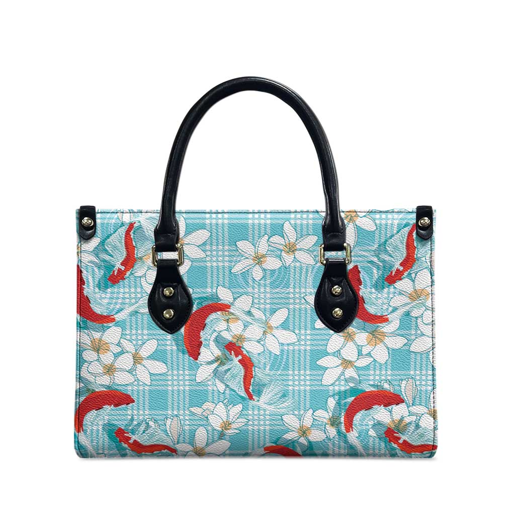Turquoise Palaka Hawaii Aloha Leather Bag Koi Pond Mix Plumeria - Polynesian Pride