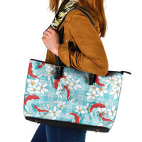 Turquoise Palaka Hawaii Aloha Leather Tote Bag Koi Pond Mix Plumeria - Polynesian Pride