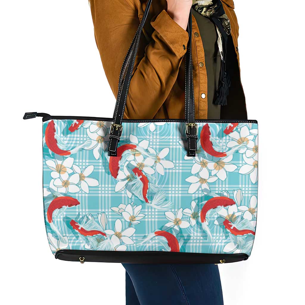 Turquoise Palaka Hawaii Aloha Leather Tote Bag Koi Pond Mix Plumeria - Polynesian Pride