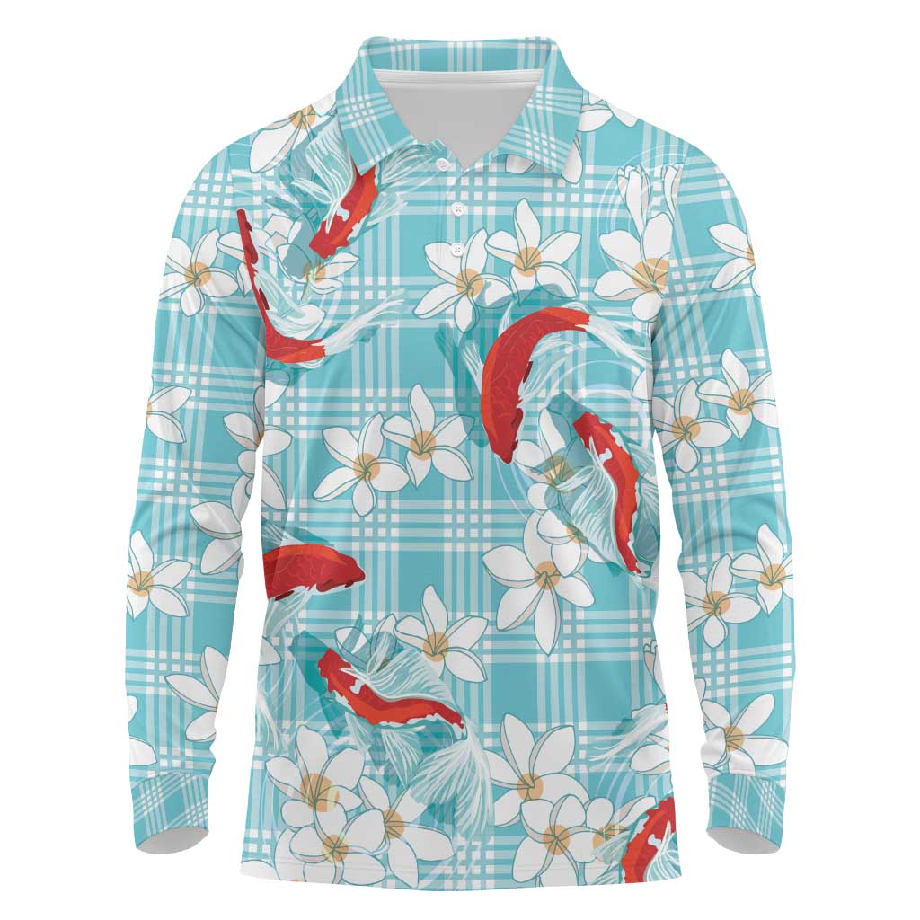 Turquoise Palaka Hawaii Aloha Long Sleeve Polo Shirt Koi Pond Mix Plumeria - Polynesian Pride