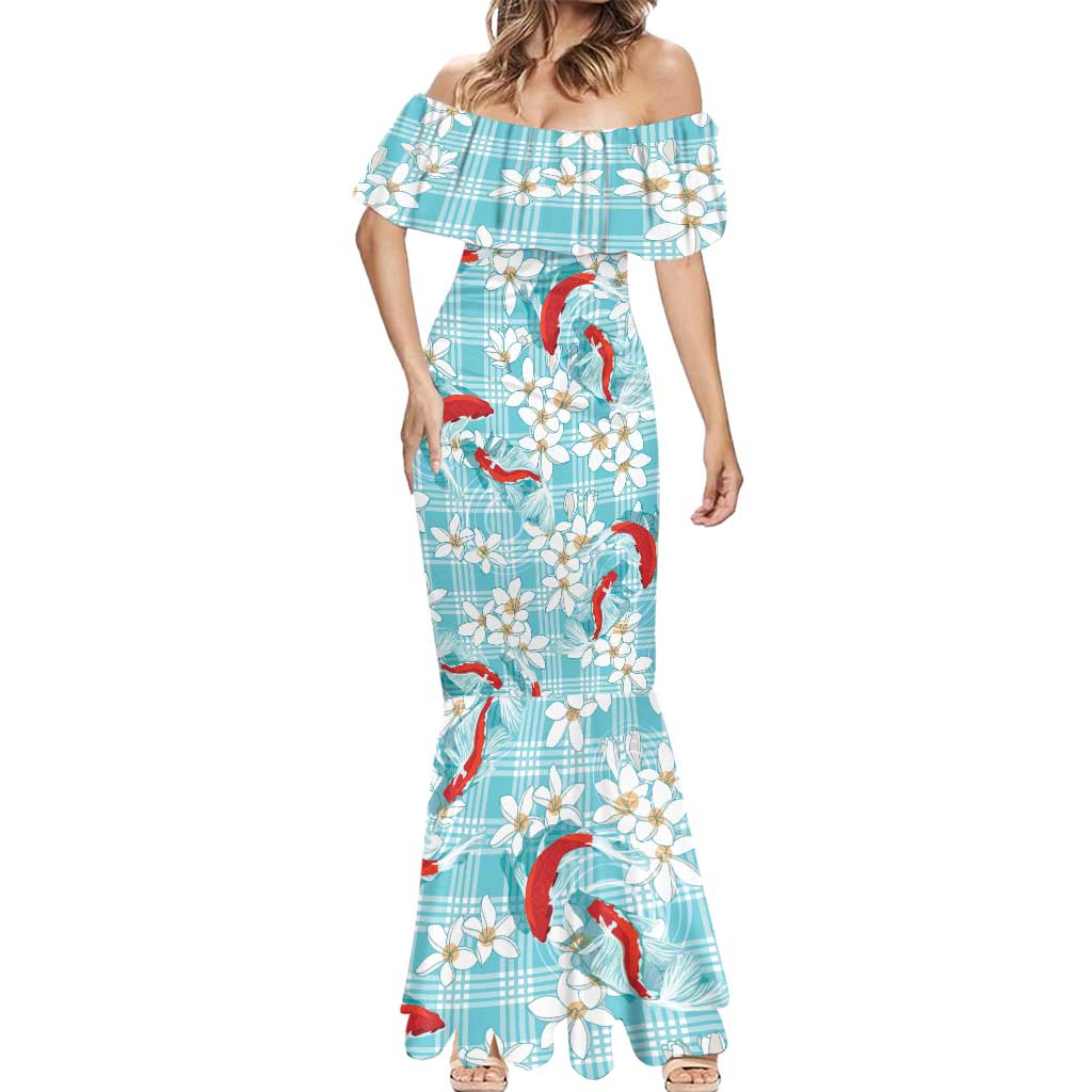 Turquoise Palaka Hawaii Aloha Mermaid Dress Koi Pond Mix Plumeria - Polynesian Pride