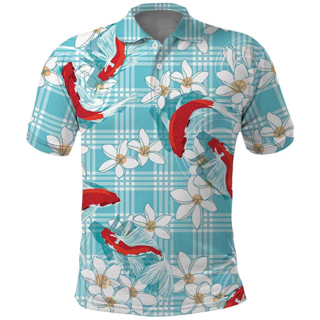 Turquoise Palaka Hawaii Aloha Polo Shirt Koi Pond Mix Plumeria - Polynesian Pride