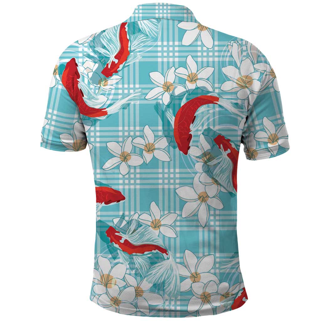 Turquoise Palaka Hawaii Aloha Polo Shirt Koi Pond Mix Plumeria - Polynesian Pride