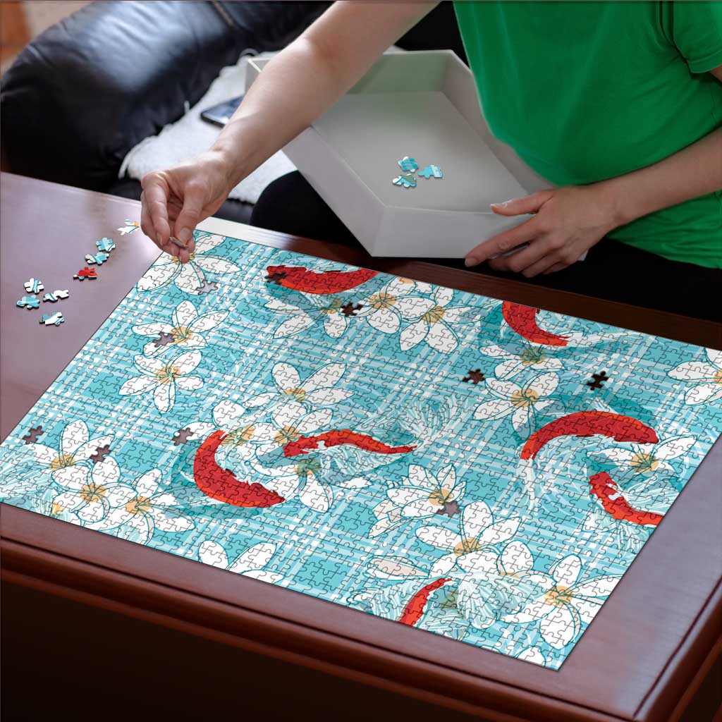 Turquoise Palaka Hawaii Aloha Puzzle Koi Pond Mix Plumeria - Polynesian Pride