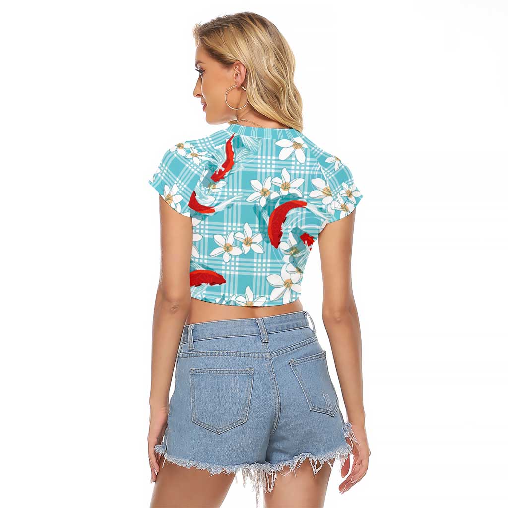 Turquoise Palaka Hawaii Aloha Raglan Cropped T Shirt Koi Pond Mix Plumeria - Polynesian Pride