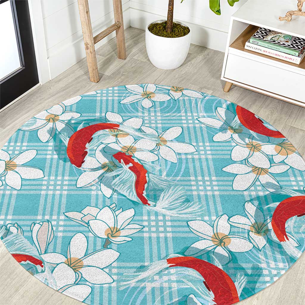 Turquoise Palaka Hawaii Aloha Round Carpet Koi Pond Mix Plumeria - Polynesian Pride