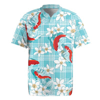 Turquoise Palaka Hawaii Aloha Rugby Jersey Koi Pond Mix Plumeria - Polynesian Pride