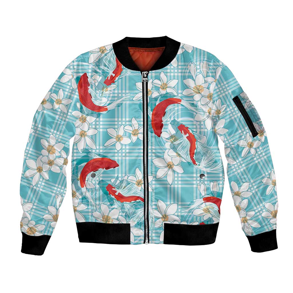 Turquoise Palaka Hawaii Aloha Sleeve Zip Bomber Jacket Koi Pond Mix Plumeria - Polynesian Pride