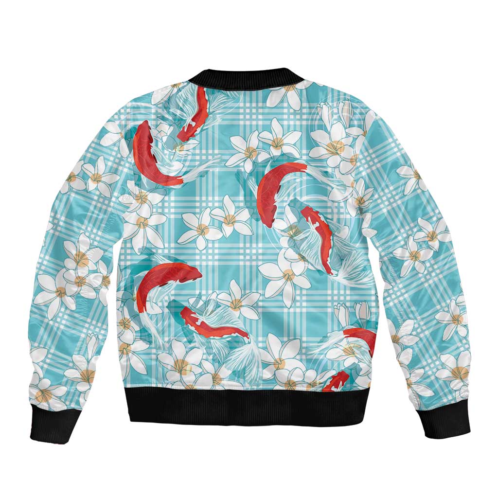Turquoise Palaka Hawaii Aloha Sleeve Zip Bomber Jacket Koi Pond Mix Plumeria - Polynesian Pride