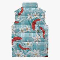 Turquoise Palaka Hawaii Aloha Sleeveless Puffer Jacket Koi Pond Mix Plumeria - Polynesian Pride