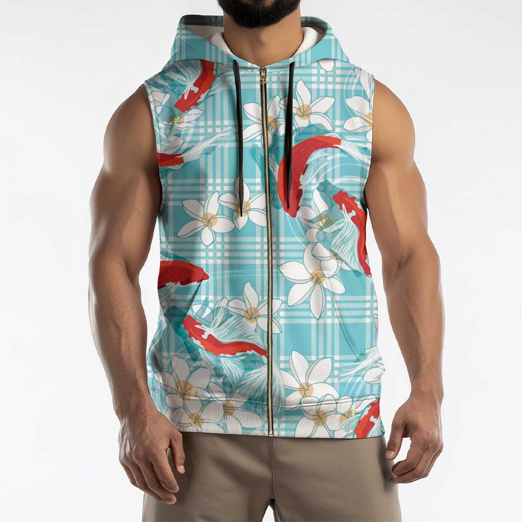 Turquoise Palaka Hawaii Aloha Sleeveless Zip Hoodie Koi Pond Mix Plumeria - Polynesian Pride