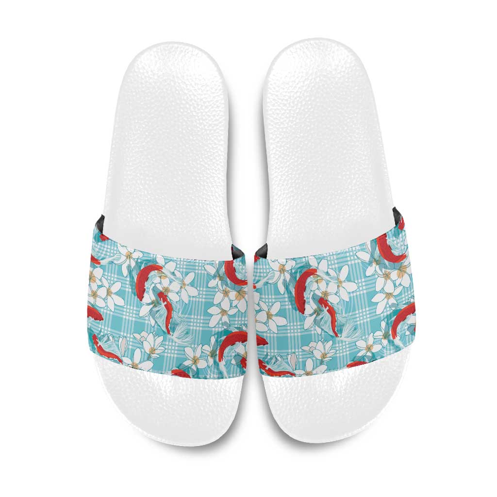 Turquoise Palaka Hawaii Aloha Slide Sandals Koi Pond Mix Plumeria - Polynesian Pride