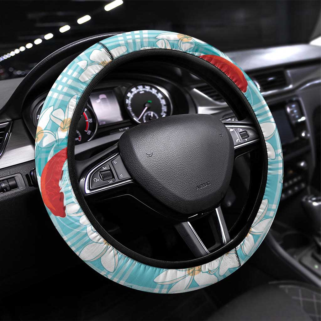 Turquoise Palaka Hawaii Aloha Steering Wheel Cover Koi Pond Mix Plumeria - Polynesian Pride