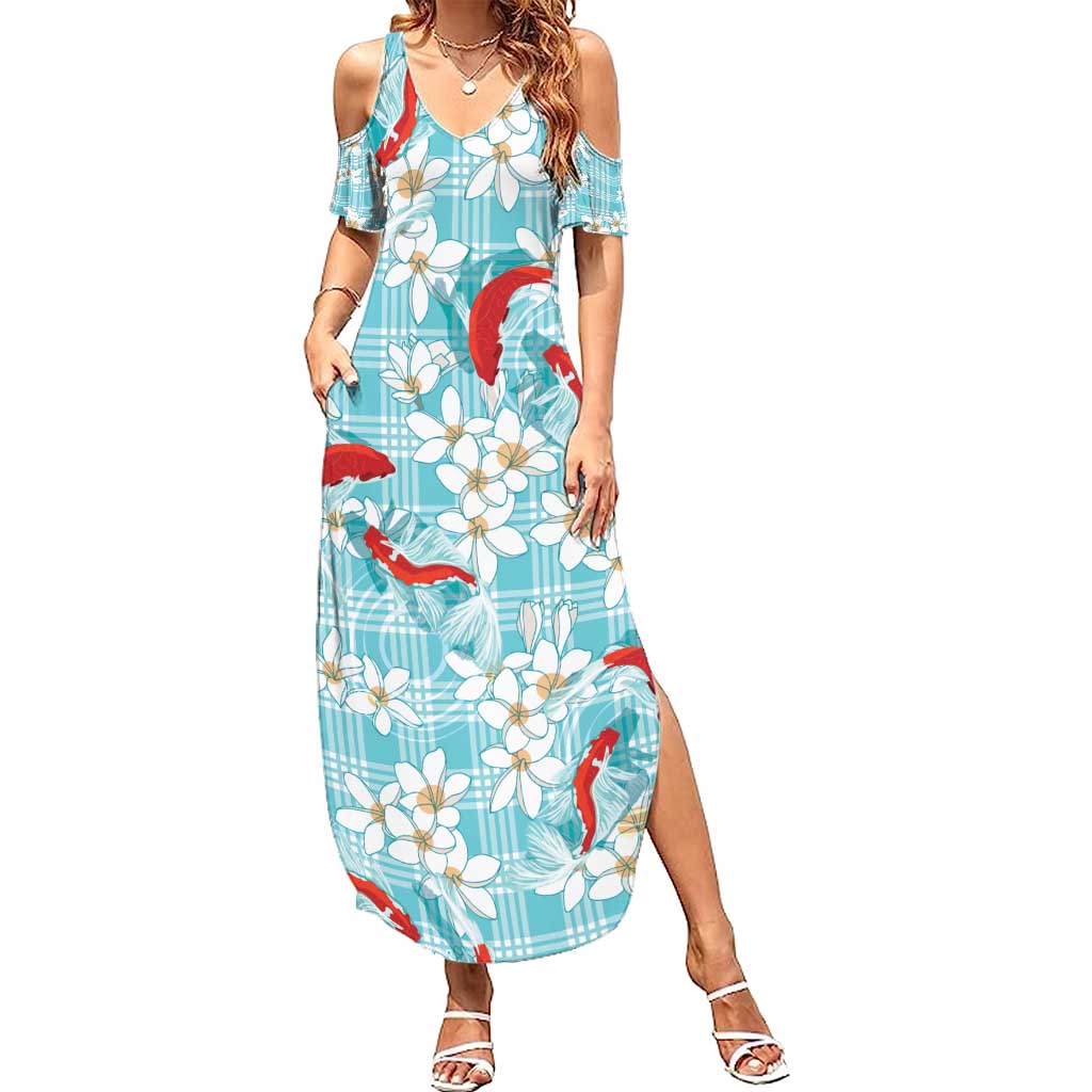 Turquoise Palaka Hawaii Aloha Summer Maxi Dress Koi Pond Mix Plumeria - Polynesian Pride