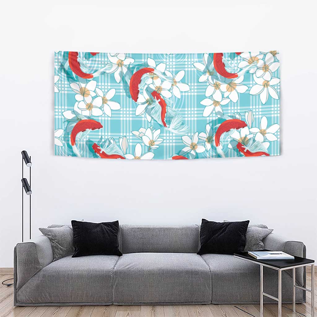 Turquoise Palaka Hawaii Aloha Tapestry Koi Pond Mix Plumeria - Polynesian Pride