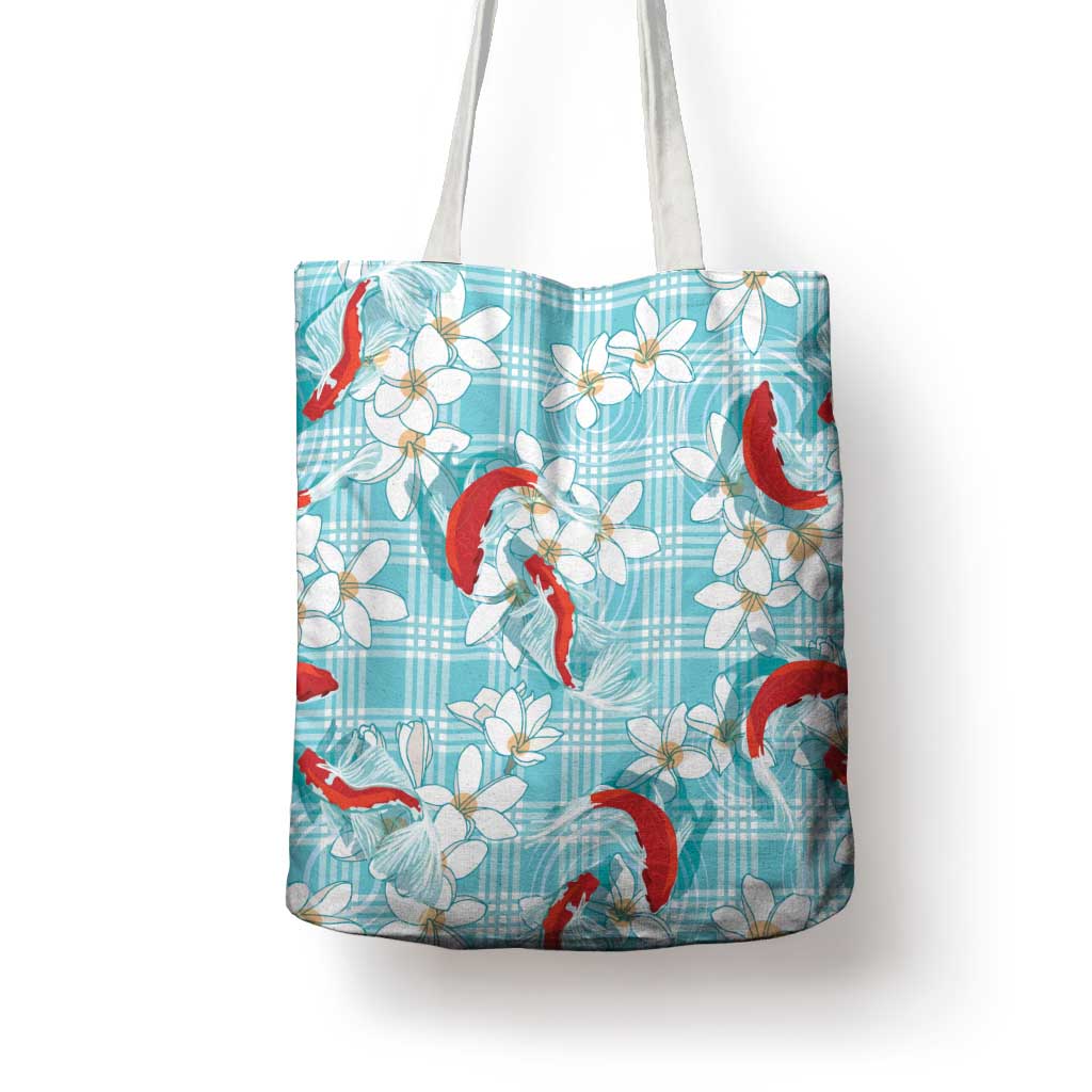 Turquoise Palaka Hawaii Aloha Tote Bag Koi Pond Mix Plumeria - Polynesian Pride