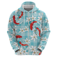 Turquoise Palaka Hawaii Aloha Zip Hoodie Koi Pond Mix Plumeria - Polynesian Pride