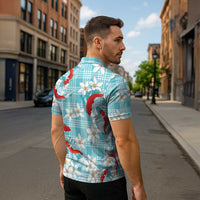 Turquoise Palaka Hawaii Aloha Zipper Polo Shirt Koi Pond Mix Plumeria - Polynesian Pride