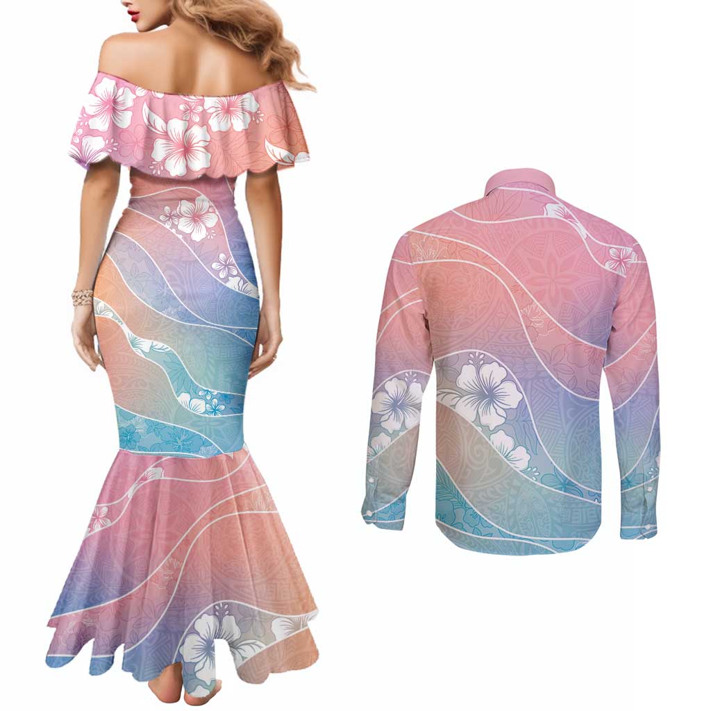 Aloha Hawaii Floral Tapa Couples Matching Mermaid Dress and Long Sleeve Button Shirt Patchwork Pastel Candy - Polynesian Pride