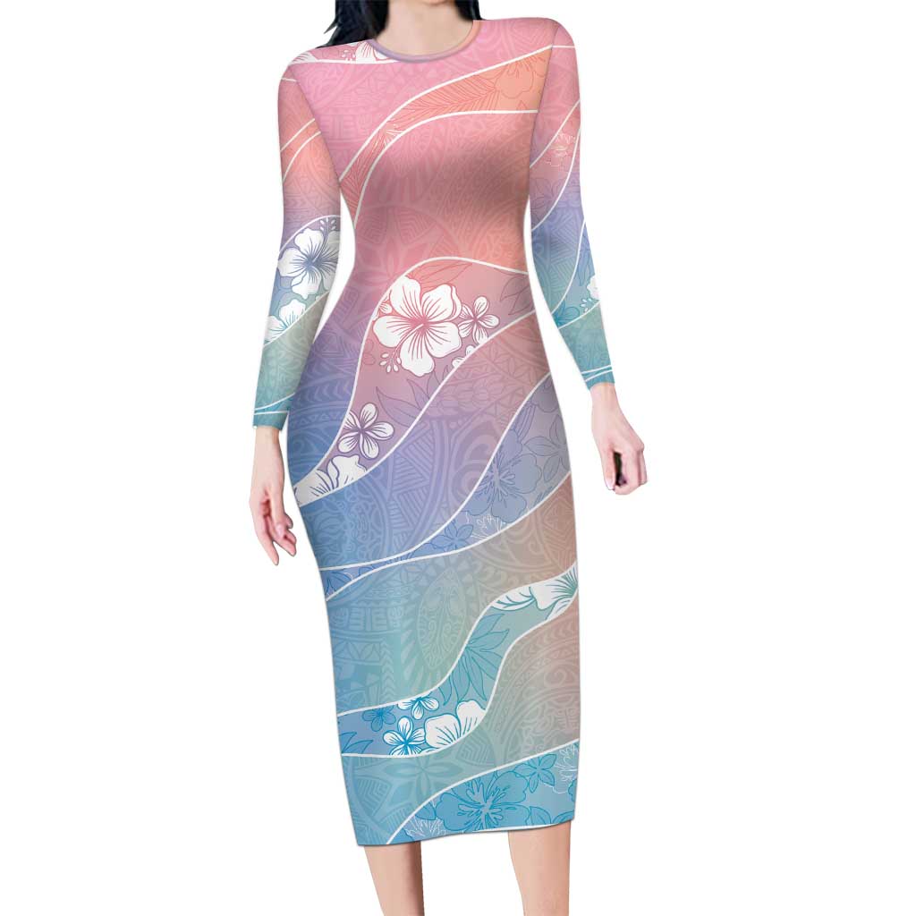 Aloha Hawaii Floral Tapa Long Sleeve Bodycon Dress Patchwork Pastel Candy - Polynesian Pride