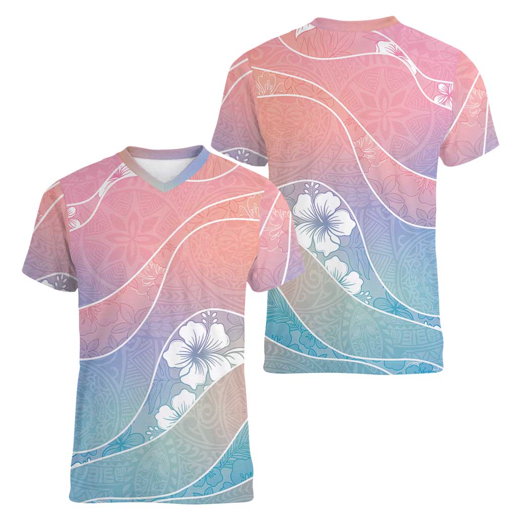 Aloha Hawaii Floral Tapa Women V-Neck T-Shirt Patchwork Pastel Candy LT7 - Polynesian Pride