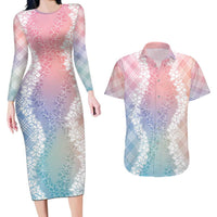 Hawaii Aloha Plumeria Lei Pastel Candy Palaka Couples Matching Long Sleeve Bodycon Dress and Hawaiian Shirt LT7 Pastel - Polynesian Pride