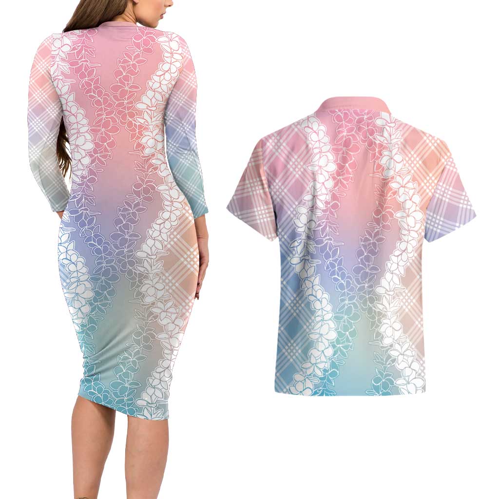 Hawaii Aloha Plumeria Lei Pastel Candy Palaka Couples Matching Long Sleeve Bodycon Dress and Hawaiian Shirt LT7 - Polynesian Pride