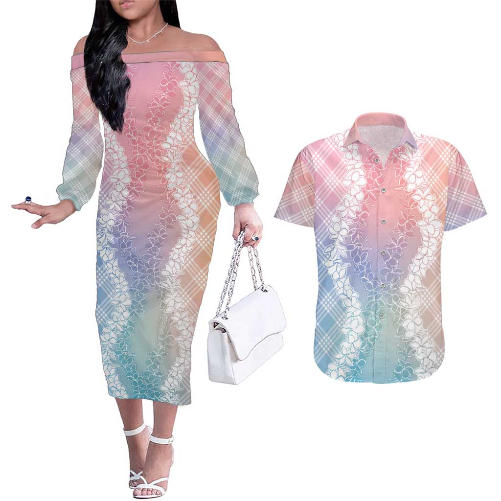 Hawaii Aloha Plumeria Lei Pastel Candy Palaka Couples Matching Off The Shoulder Long Sleeve Dress and Hawaiian Shirt LT7 Pastel - Polynesian Pride