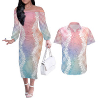 Hawaii Aloha Plumeria Lei Pastel Candy Palaka Couples Matching Off The Shoulder Long Sleeve Dress and Hawaiian Shirt LT7 Pastel - Polynesian Pride