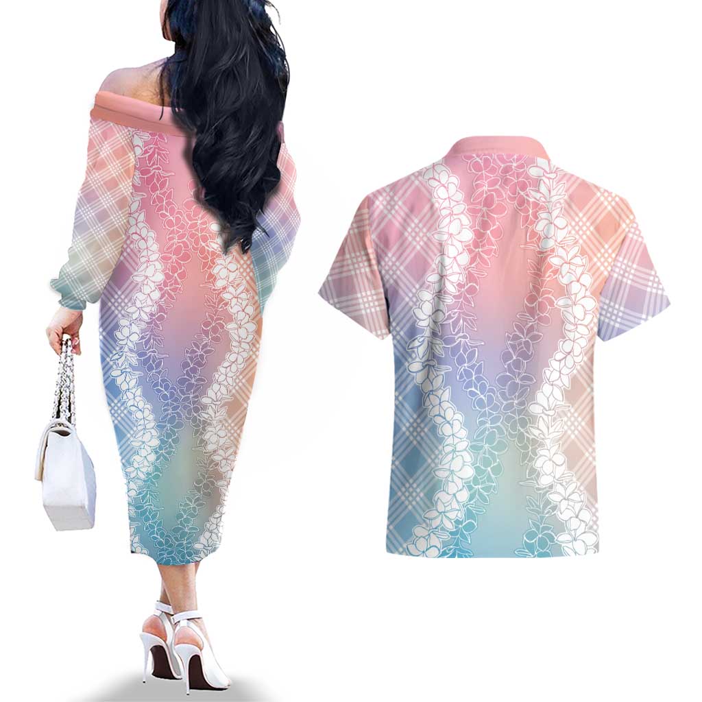 Hawaii Aloha Plumeria Lei Pastel Candy Palaka Couples Matching Off The Shoulder Long Sleeve Dress and Hawaiian Shirt LT7 - Polynesian Pride