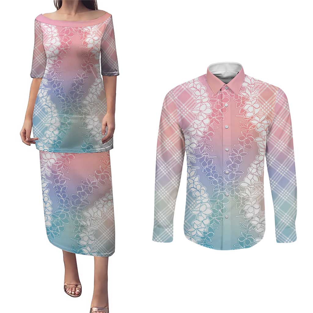 Hawaii Aloha Plumeria Lei Pastel Candy Palaka Couples Matching Puletasi and Long Sleeve Button Shirt - Polynesian Pride
