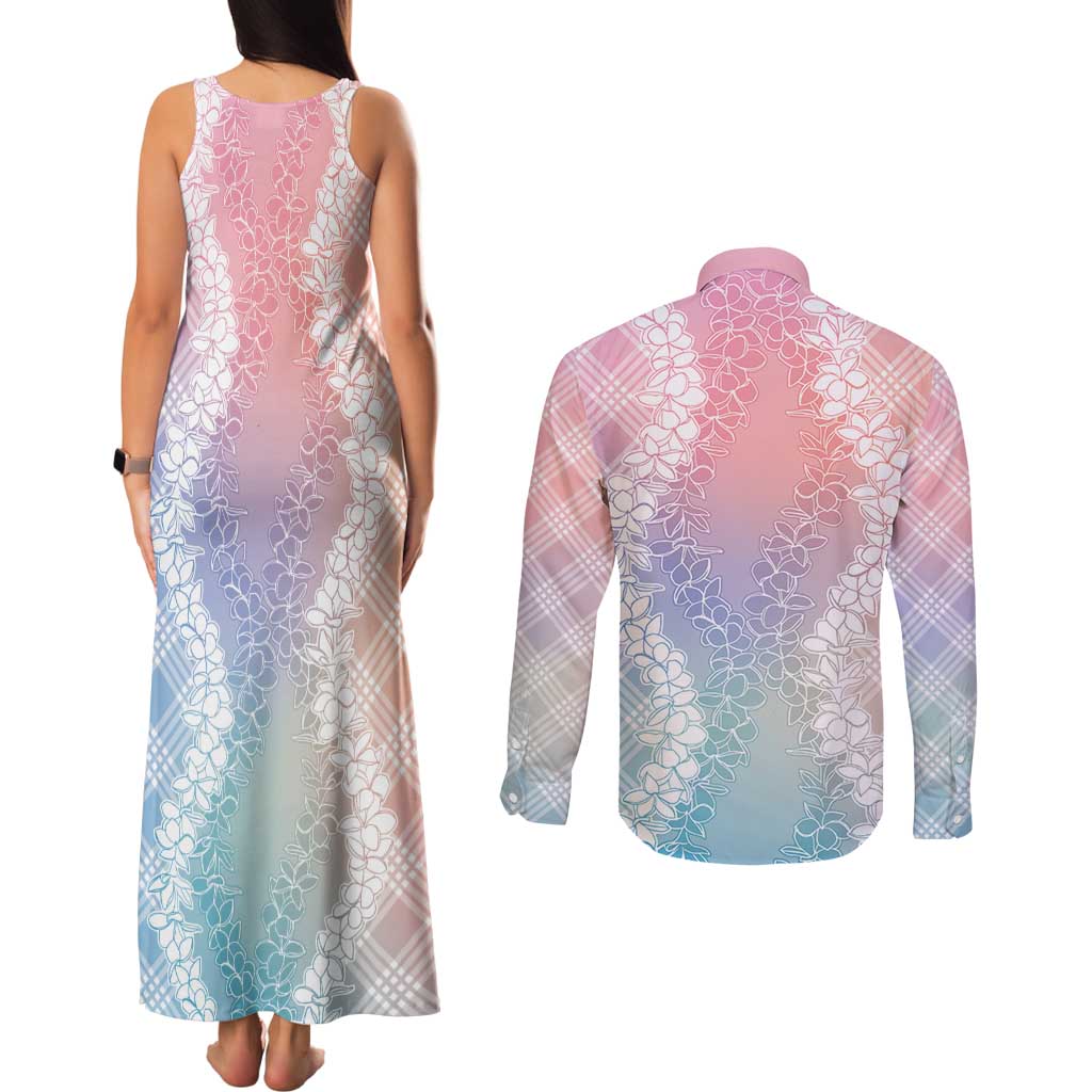 Hawaii Aloha Plumeria Lei Pastel Candy Palaka Couples Matching Tank Maxi Dress and Long Sleeve Button Shirt - Polynesian Pride